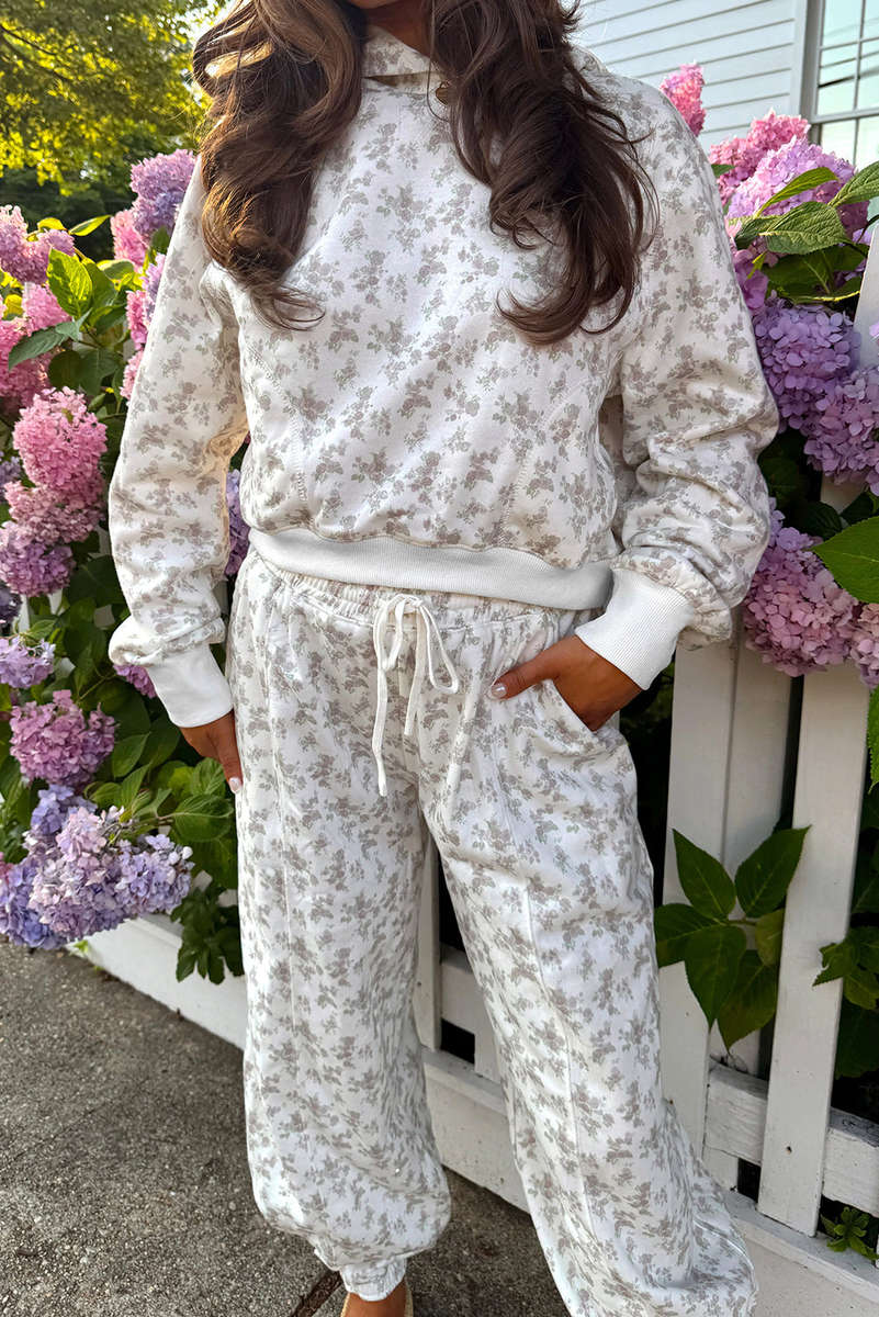 White Floral Print Casual Hoodie Drawstring Jogger Pant Set