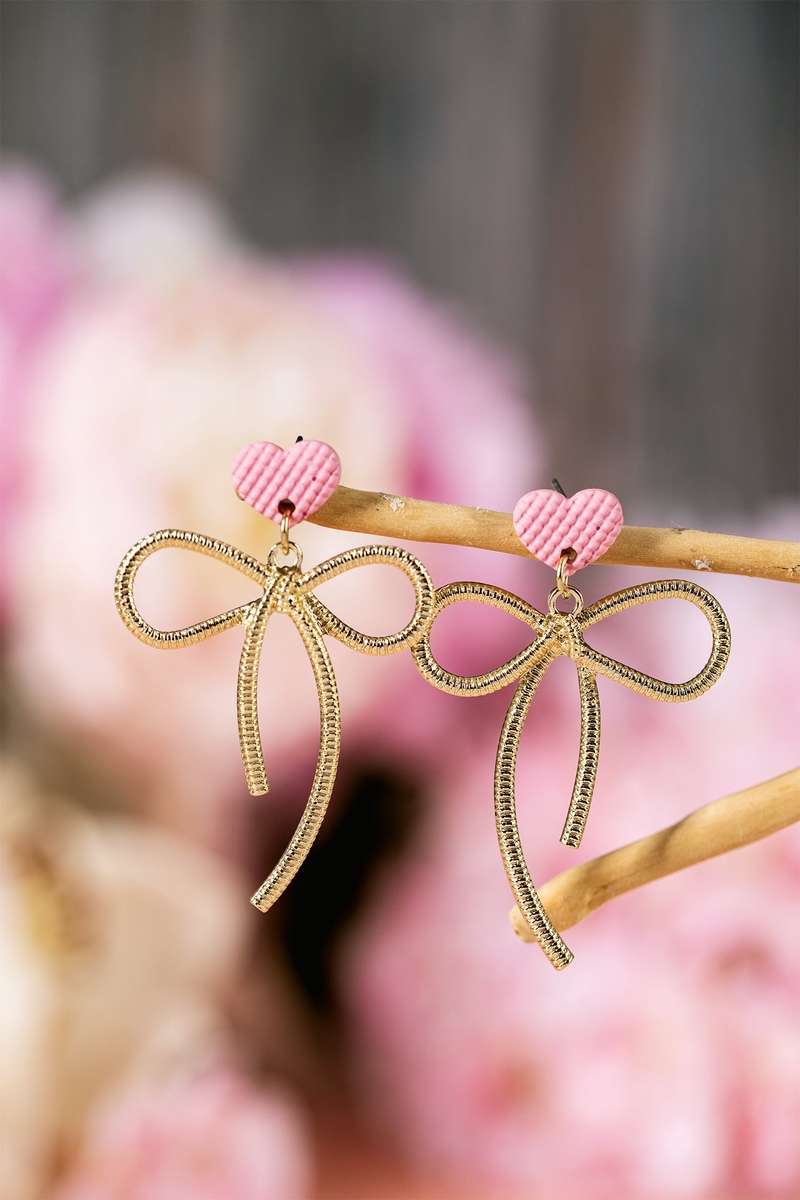 Pink Waffled Heart Stud Gold Plated Bow Dangle Earrings