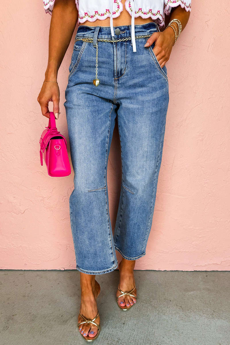 Dusk Blue Seam Detail Ankle Length Cropped BarrelJeans