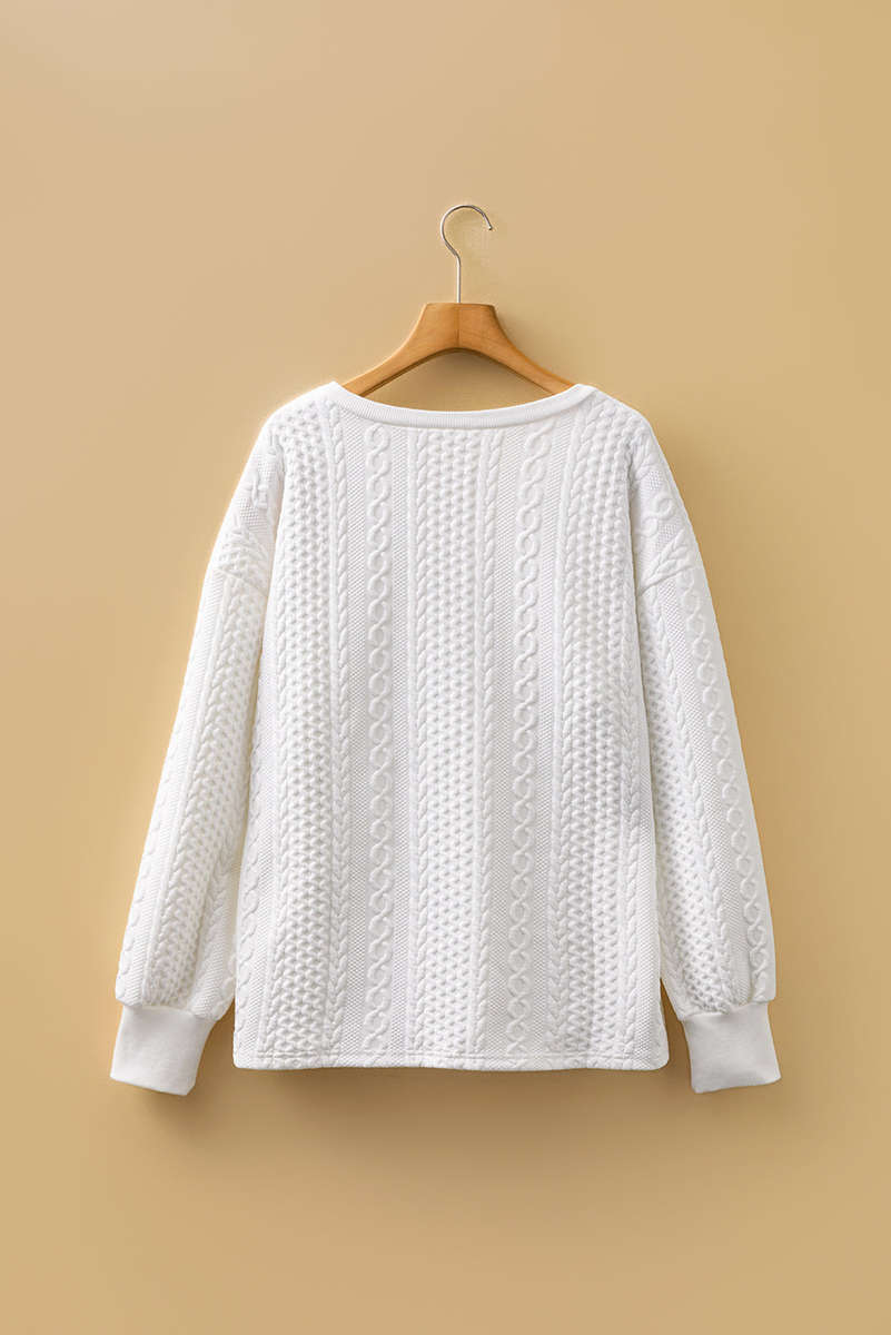 White Solid Color Textured V Neck Drop Shoulder Knit Top