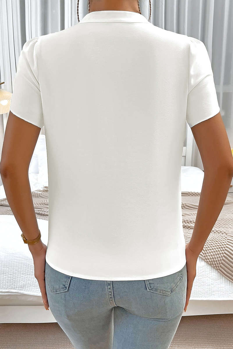 White Silky Notched Neckline Petal Sleeve Blouse