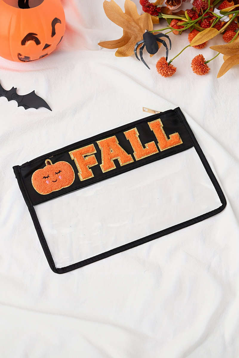 Orange FALL Pumpkin Chenille Detail Clear Zip Pouch