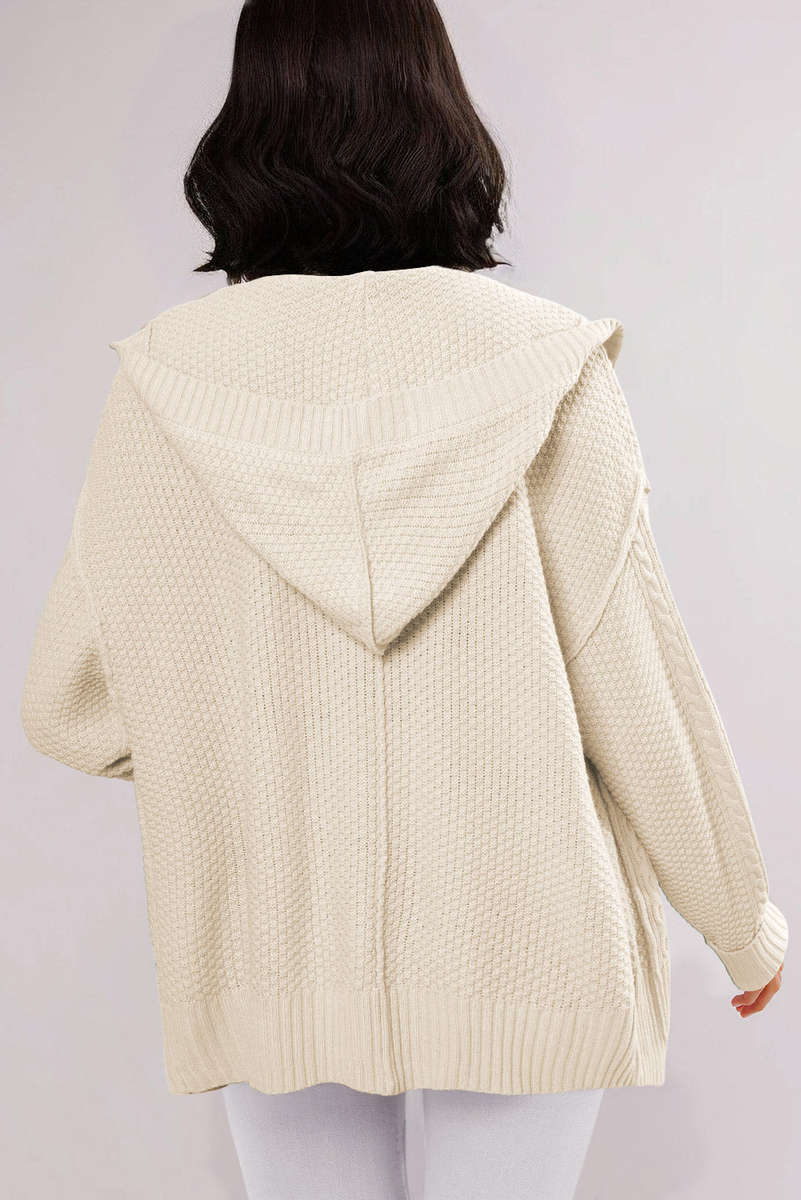 White Cable Knit Texture Uneven Hem Hooded Chic Cardigan