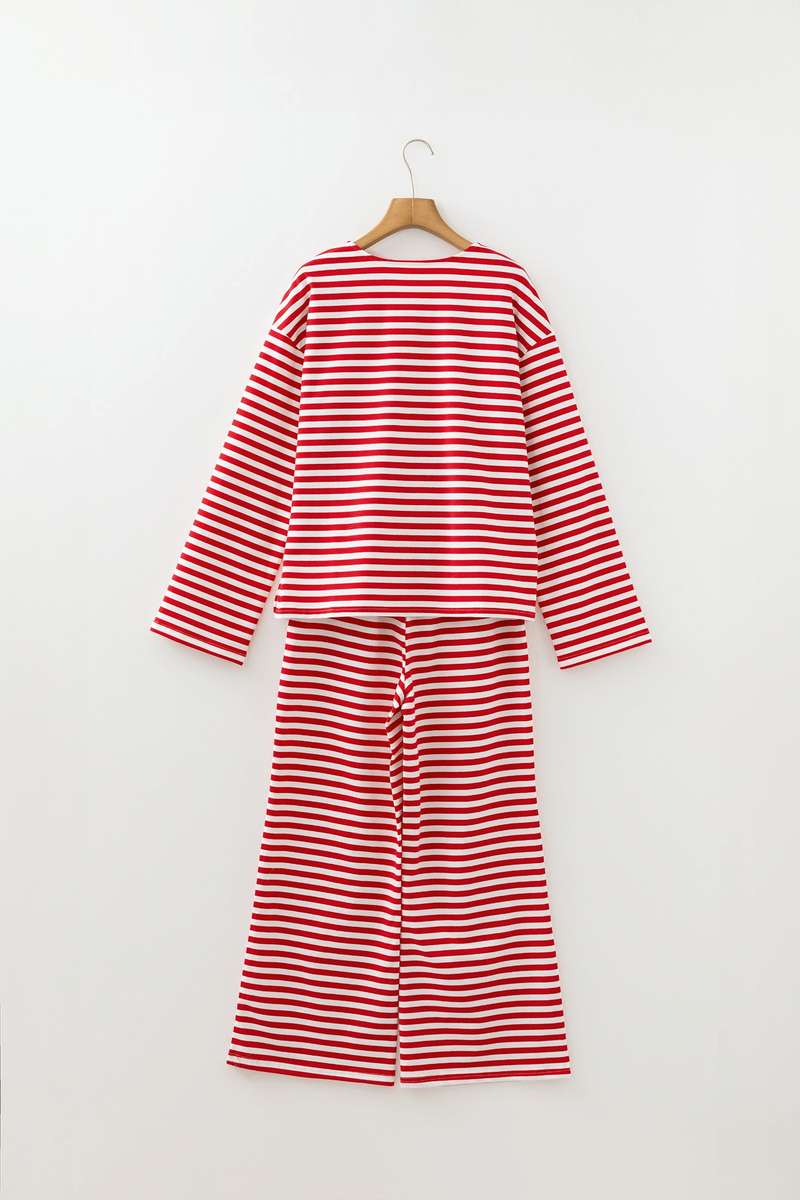 Red Stripe Drop Shoulder Long Sleeve Top Lounge Pants 2pcs Set