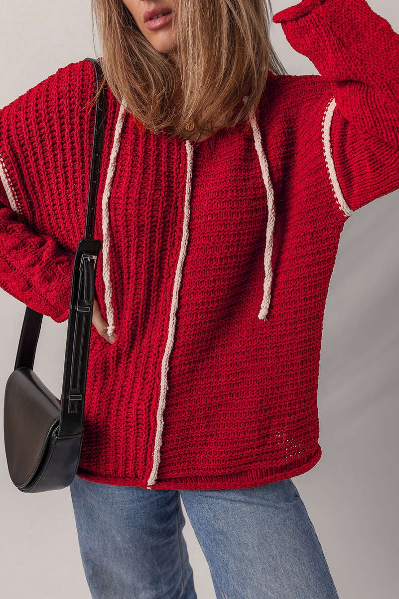 Racing Red Color Contrast Trim Textured Knit Drawstring Hooded Sweater