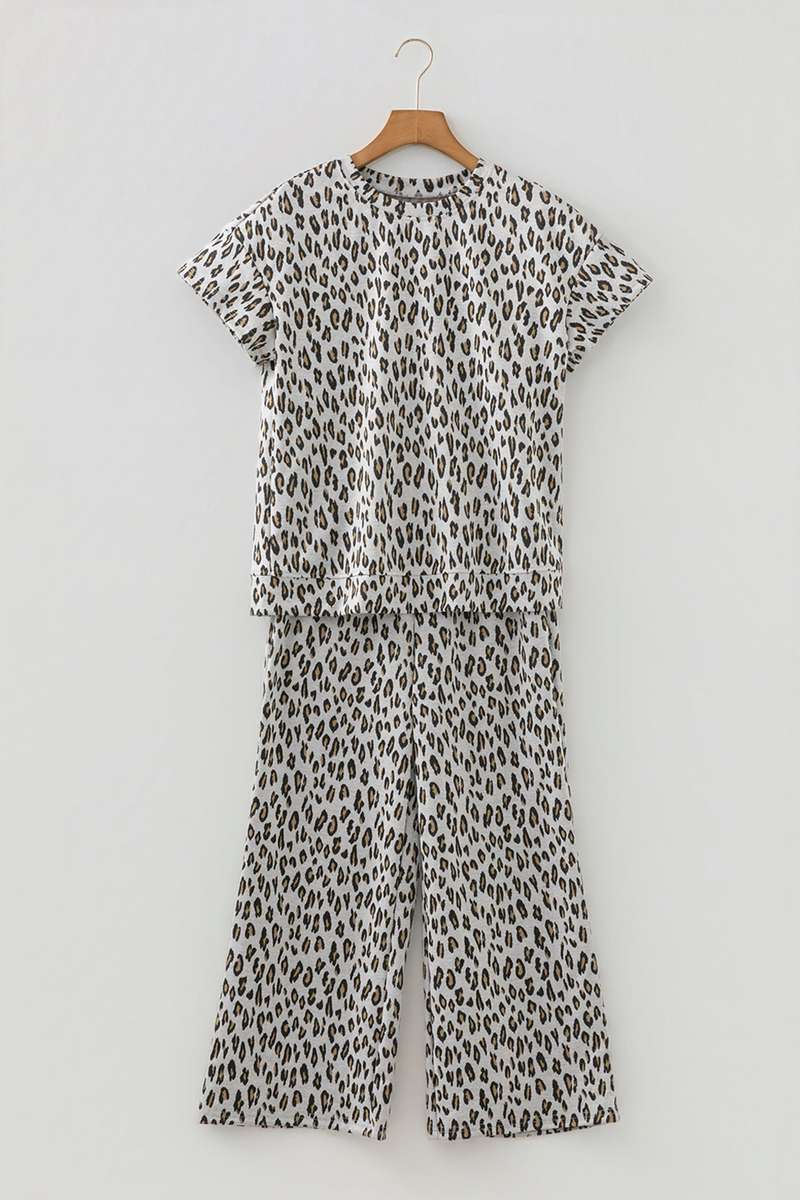 Beige Leopard Print Casual Tee and Pants 2pcs Outfit