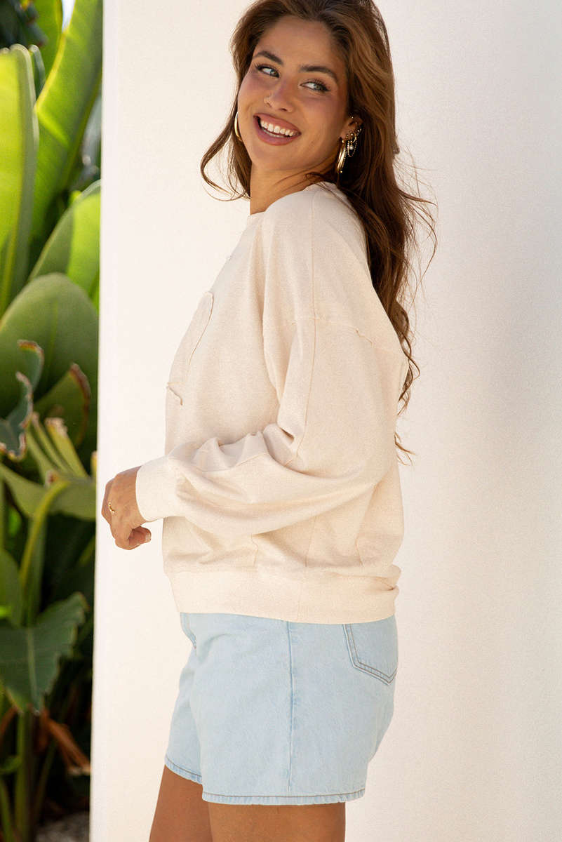 Beige Raw Edge Flower Patch Drop Shoulder Casual Top