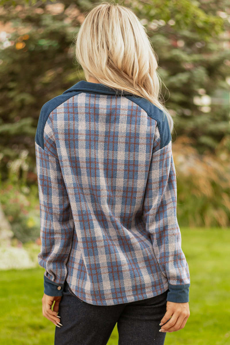 Gray Plaid Corduroy Patchwork Collared Zip Up Snap Button Jacket