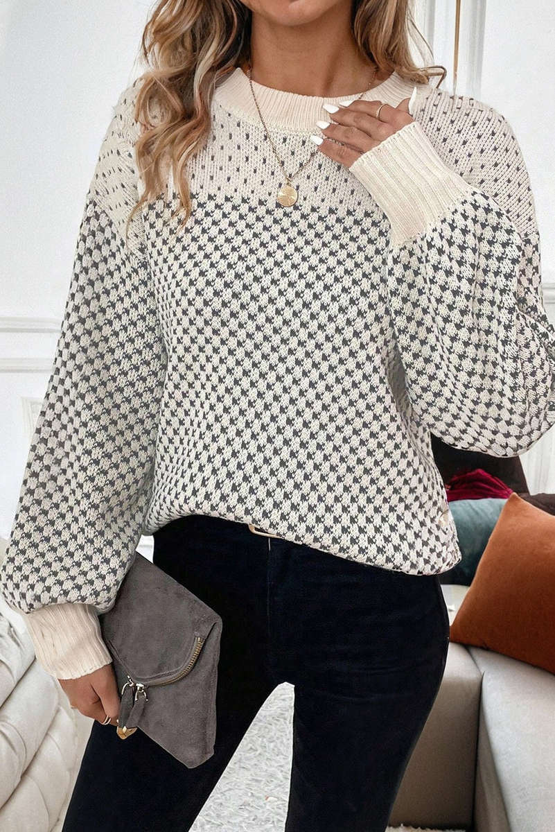 Black Contrast Color Pattern Lantern Sleeve Sweater