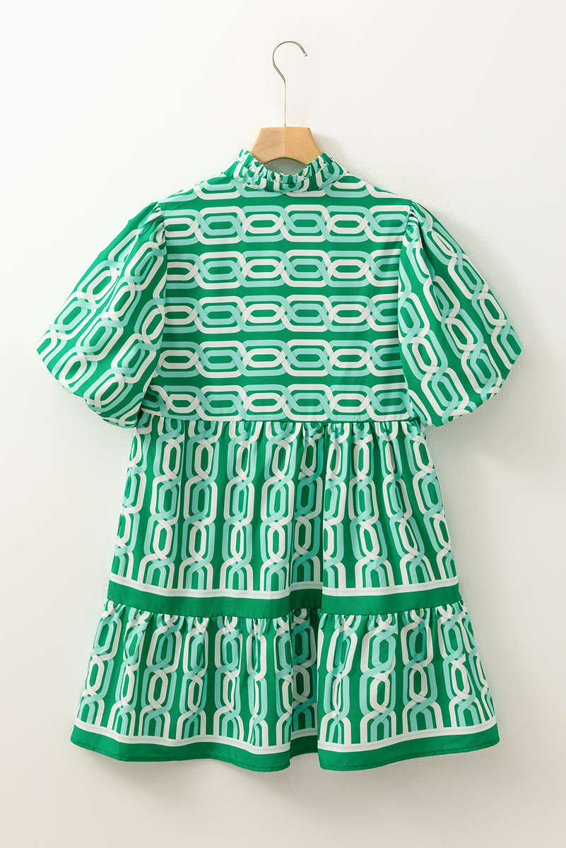 Bright Green Abstract Patterned V Neck Puff Short Sleeve Mini Dress