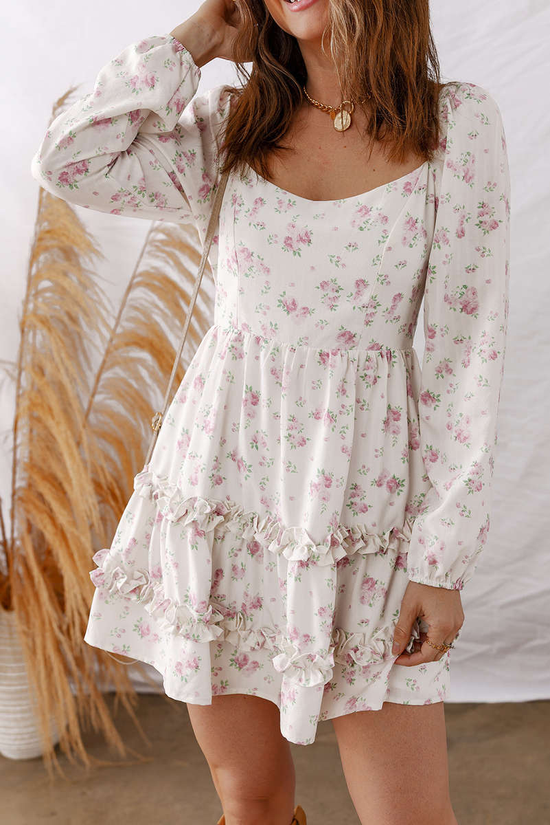 Pink Floral Print Long Sleeve Ruffle Detail Flared Mini Dress