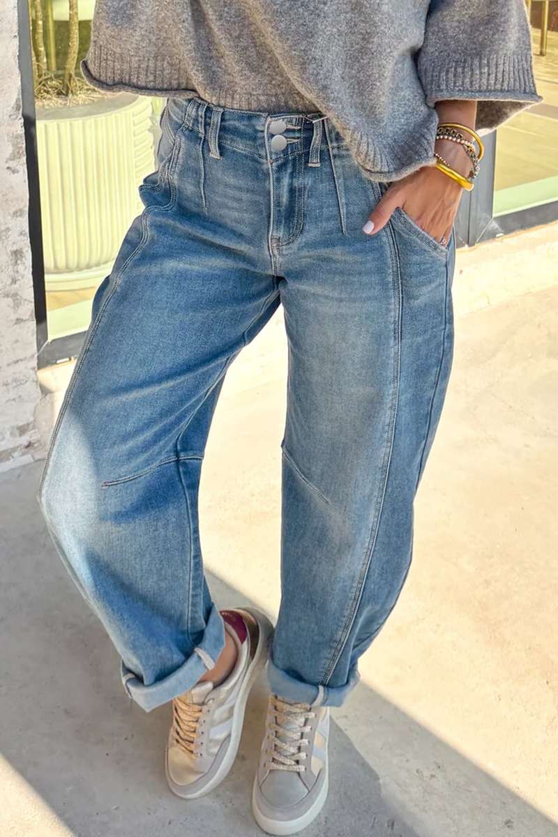 Sky Blue Medium Wash Cuffed Barrel Jeans