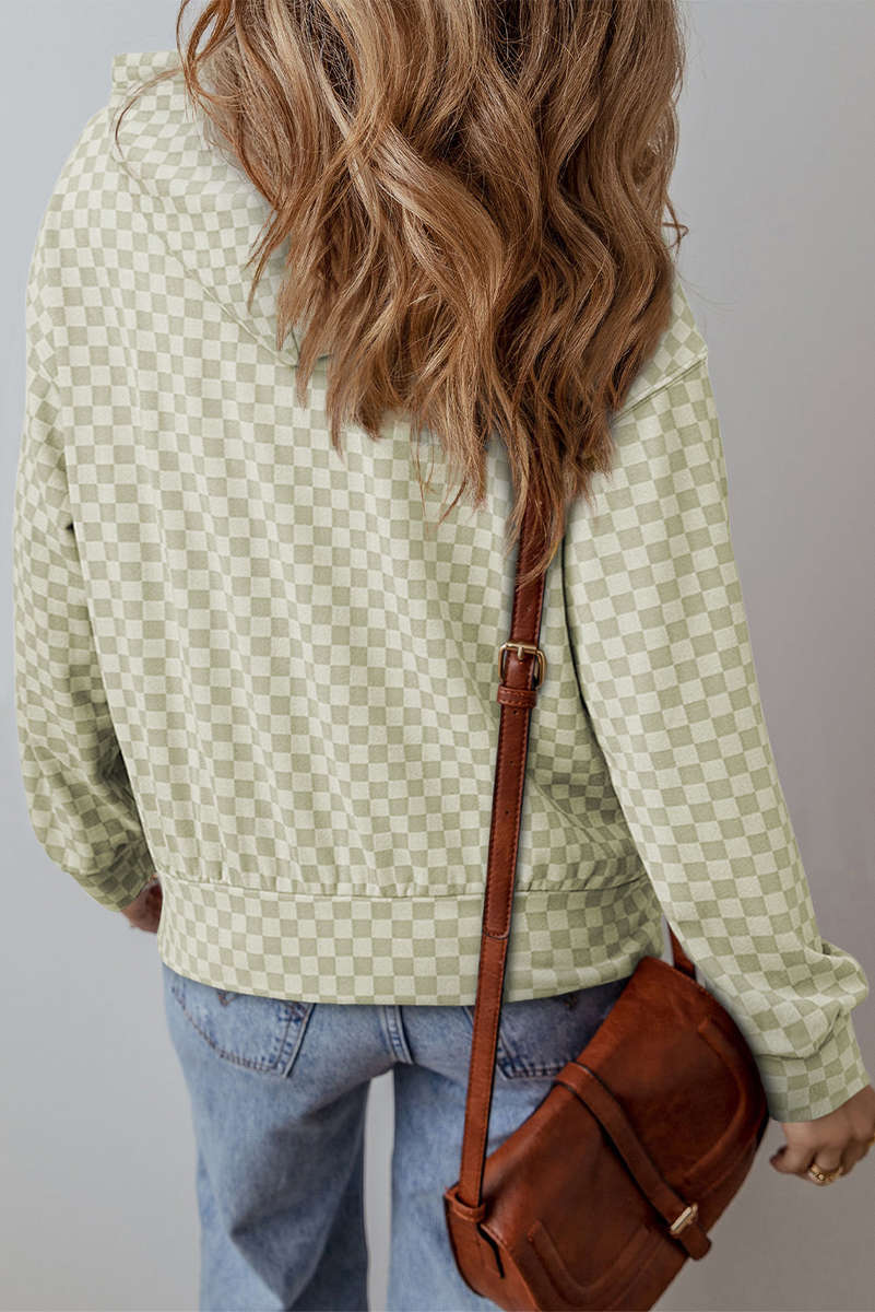 Green Checkered Print Kangaroo Pocket Drawstring Hoodie