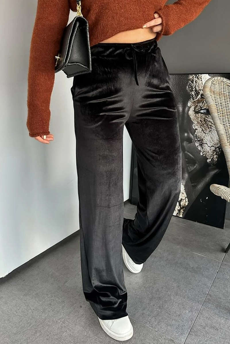 Black Shiny Velvet Drawstring High Waist Straight Leg Casual Pants