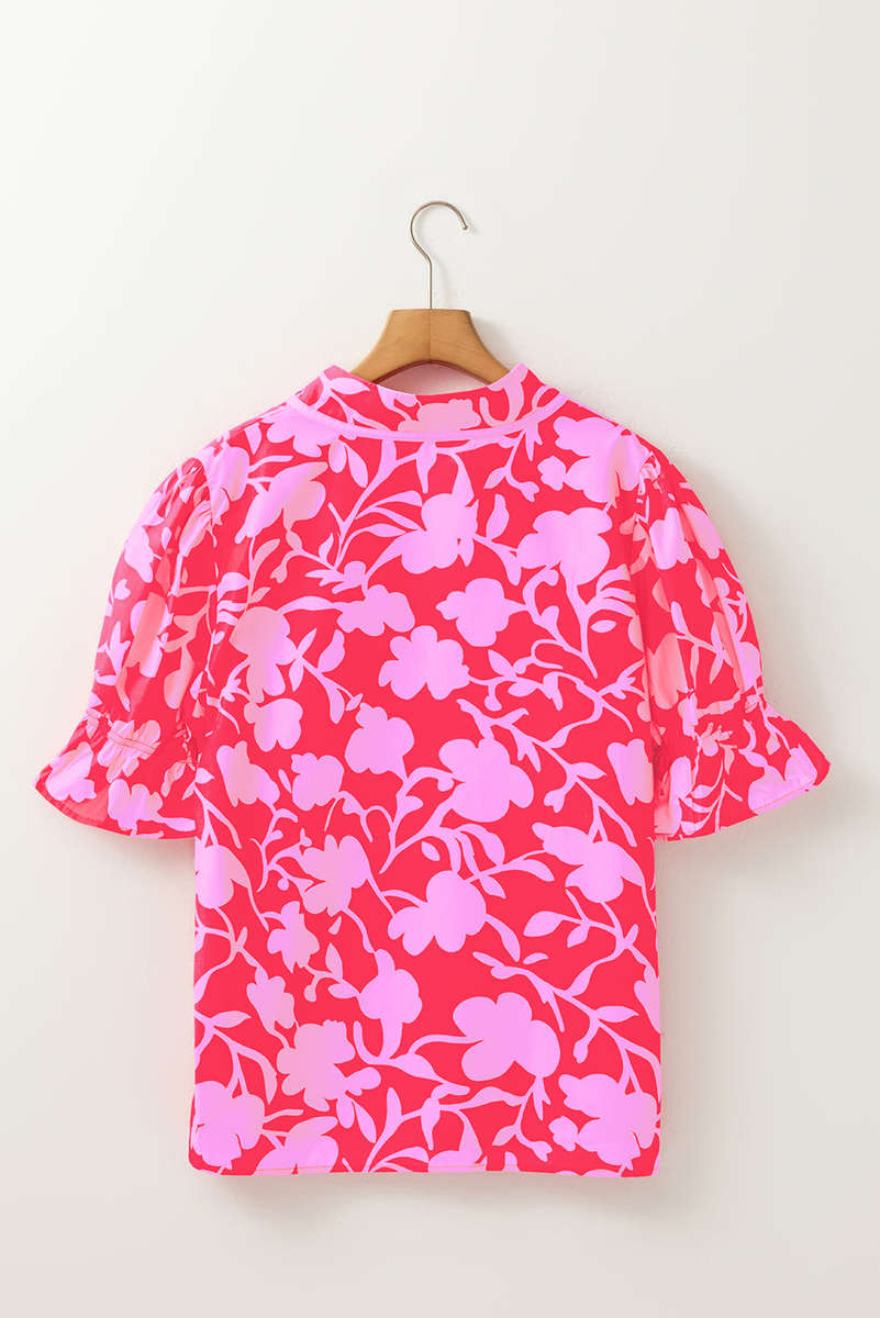 Red Floral Split V Neck Ruffled Short Sleeve Blouse Top