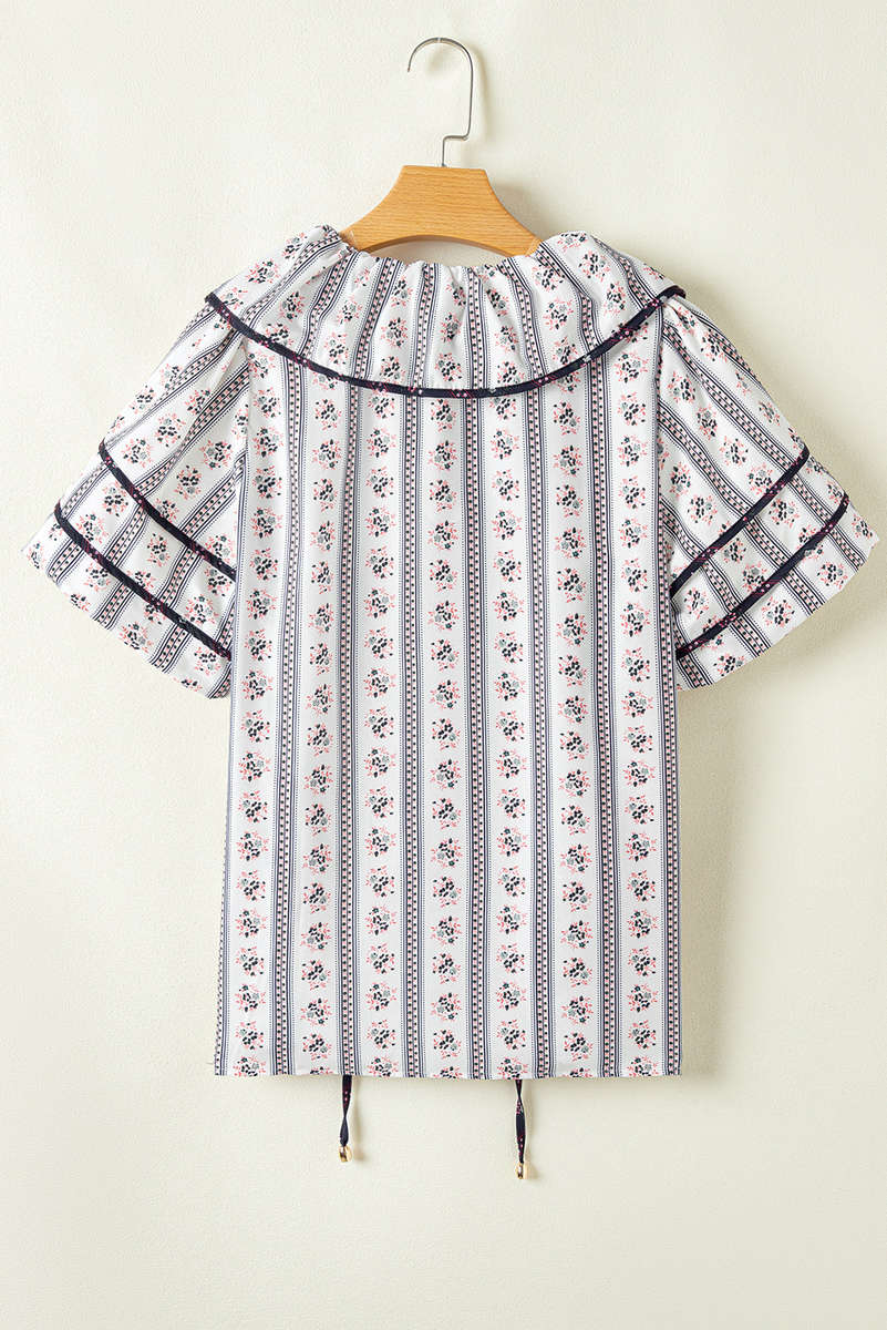 White Floral Ruffled Collar Short Puff Sleeve Printed Blouse