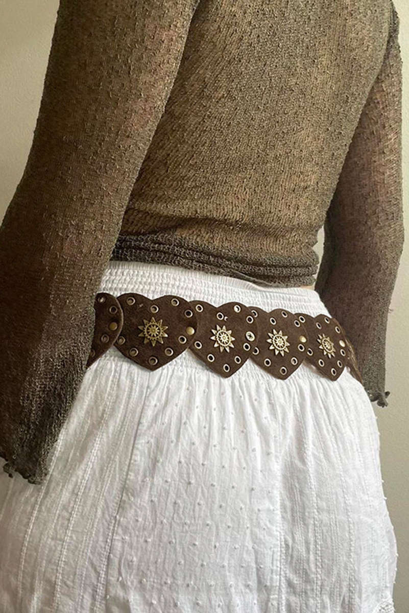 Coffee Bohemian Vintage Bronze Detail Heart Connected PU Belt