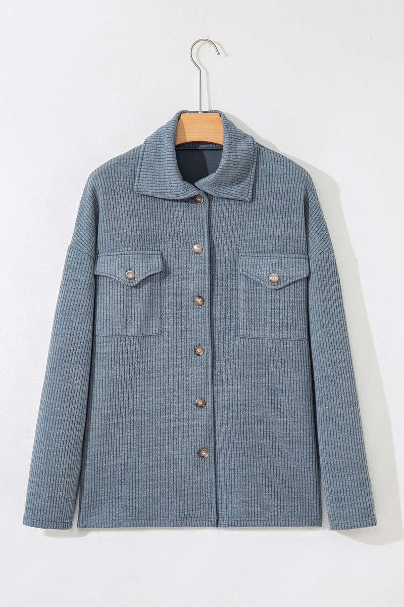 Medium Grey Ribbed Knit Buttons Front Flap Pocket Casual Shacket