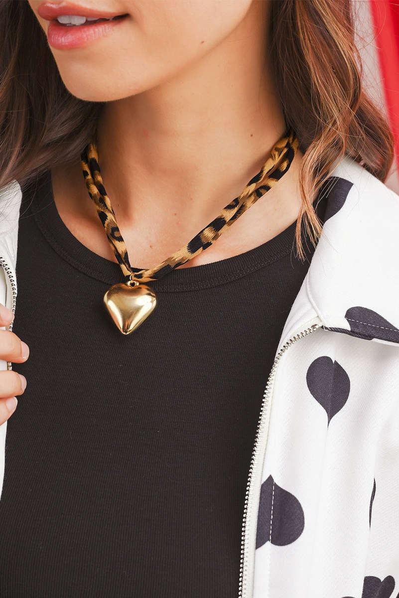 Gold Puffy Heart Charm Leopard Scarf Necklace