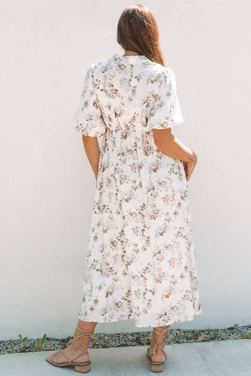 Khaki Floral Puff Sleeve V Neck Buttoned Front Maxi Dress