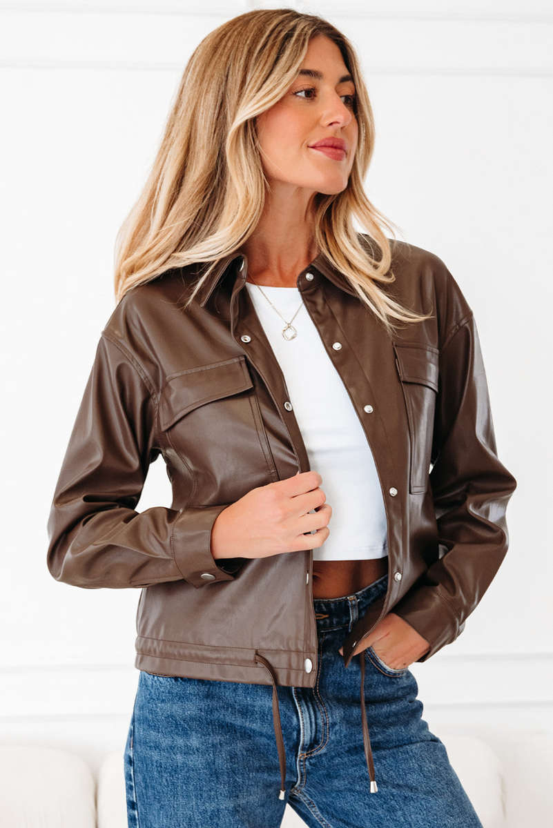 Chicory Coffee Double Flap Pocket Drawstring Hem Leather Jacket