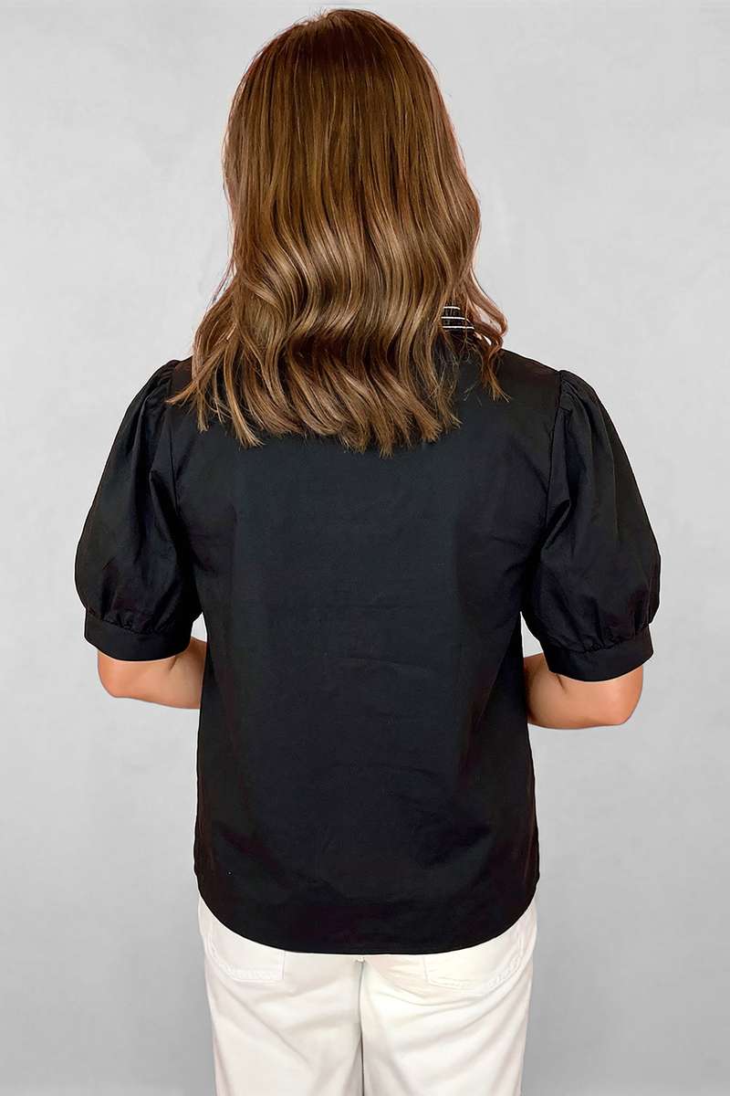 Black Short Puff Sleeve Contrast Embroidered Detail V Neck Blouse