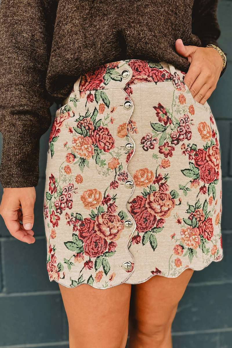 Apricot Buttoned Front Scalloped Trim Mini Jacquard Floral Skirt