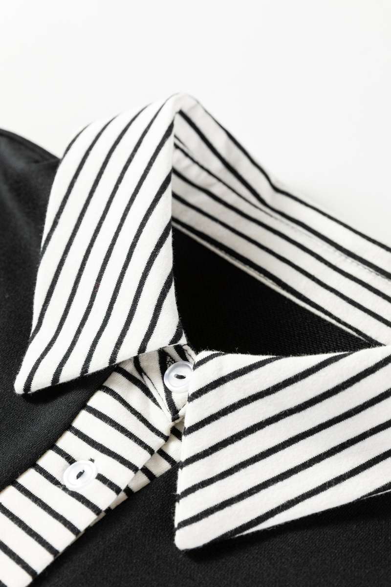 Black Plus Size Striped Cuffs Polo Collar Patchwork Long Sleeve Ruffle Hem Dress