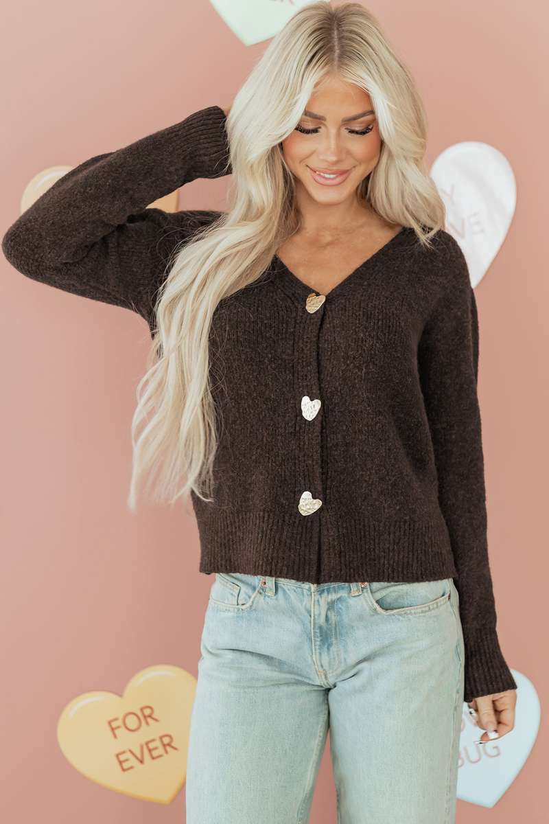 Chicory Coffee Heart Metal Button V Neck Cardigan Sweater