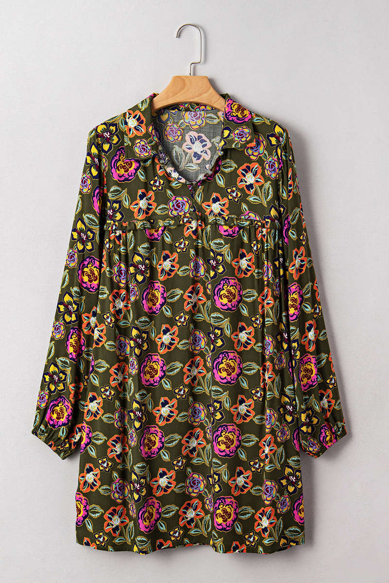 Green Floral Print Split Neck Bubble Sleeve Shift Mini Dress