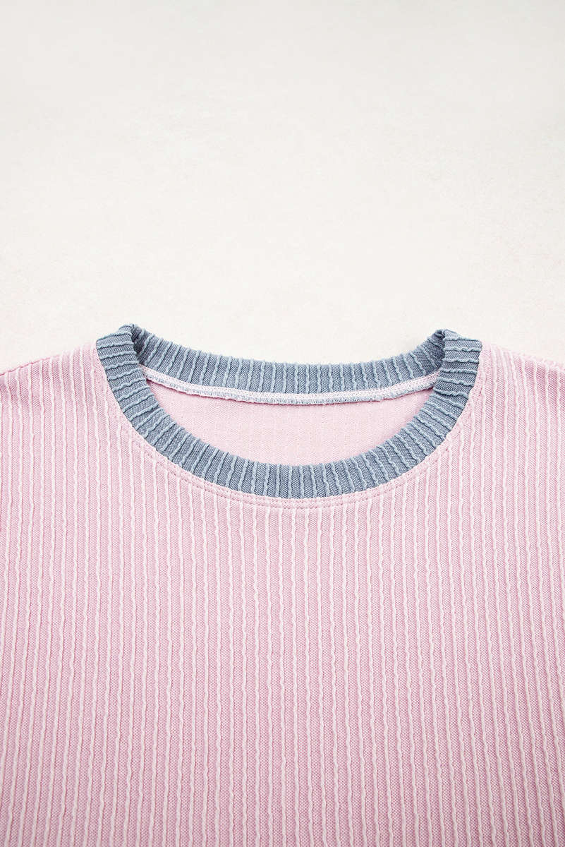 Light Pink Colorblock Corded Short Sleeve Boxy Top and Shorts Set