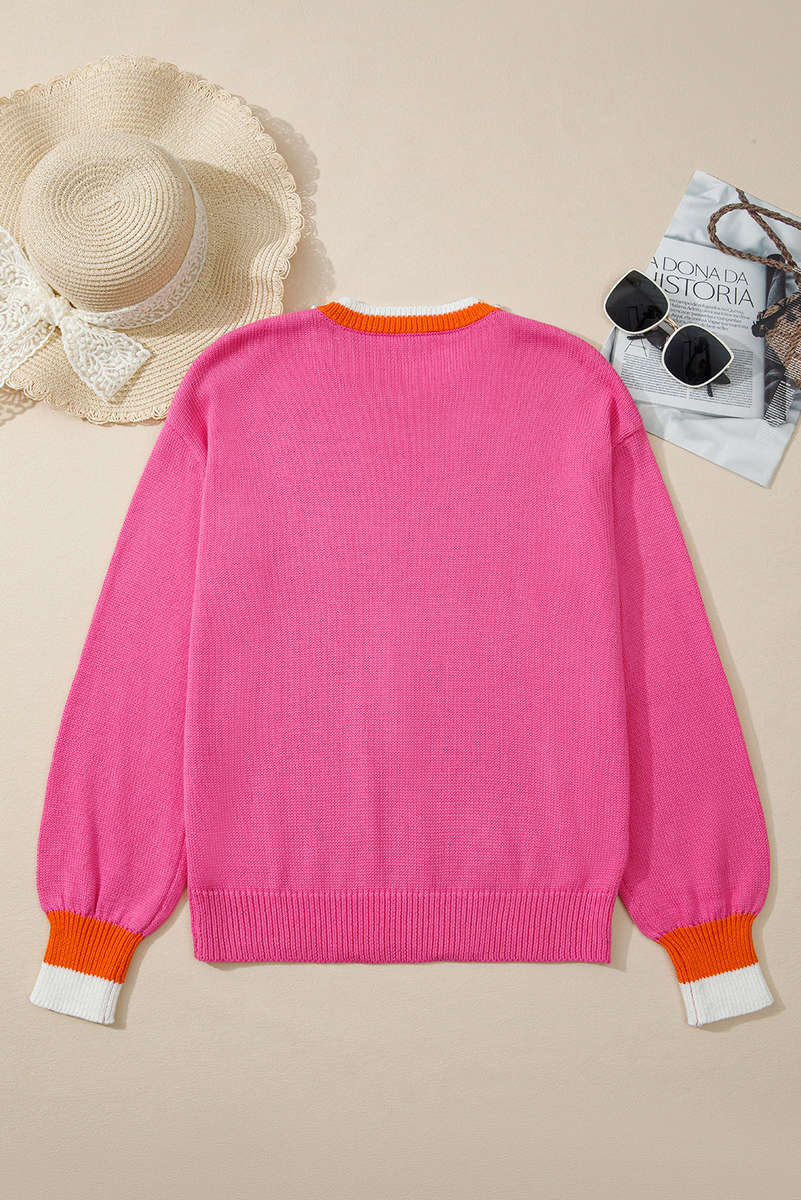 Sachet Pink Contrast Crew Neck Pearled Decor Drop Shoulder Knit Sweater