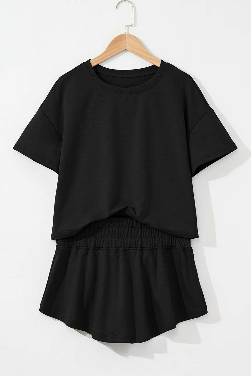 Black 2pcs Cropped Tee and Ruffle High Waist Skort Set