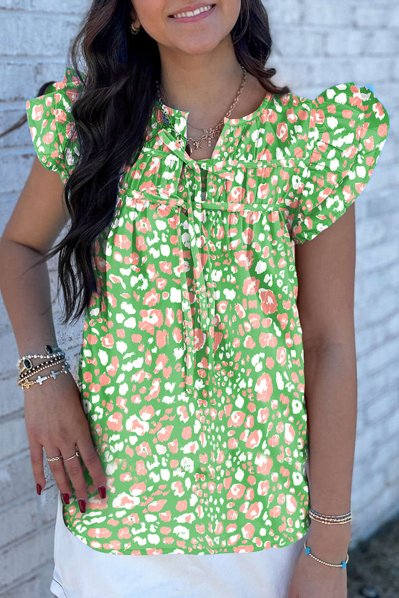 Green Abstract Leopard Tied Front Flutter Sleeve Blouse
