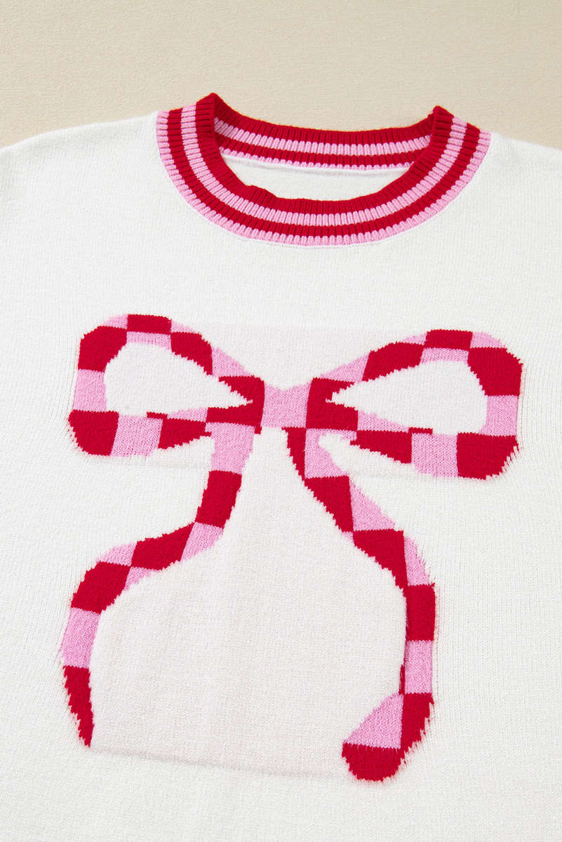 White Striped Trim Bow Graphic Round Neck Drop Shoulder Sweater