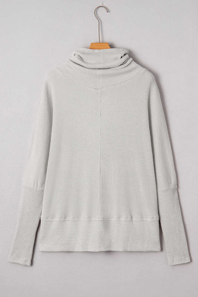 Light Grey Textured Knit Drawstring Cowl Neck Oversize Top with Side Slits