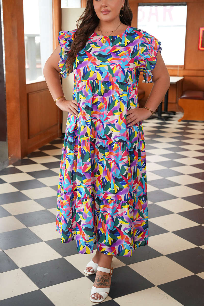 Blue Geometric Print Ruffled Short Sleeve Plus Size Tiered Maxi Dress