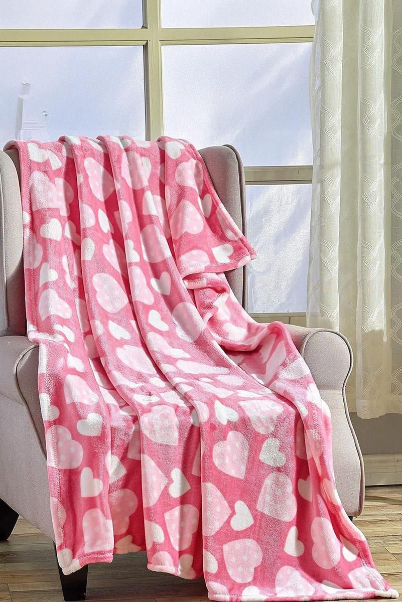 Peach Blossom Valentines Vibe Heart Print Soft Flannel Large Blanket