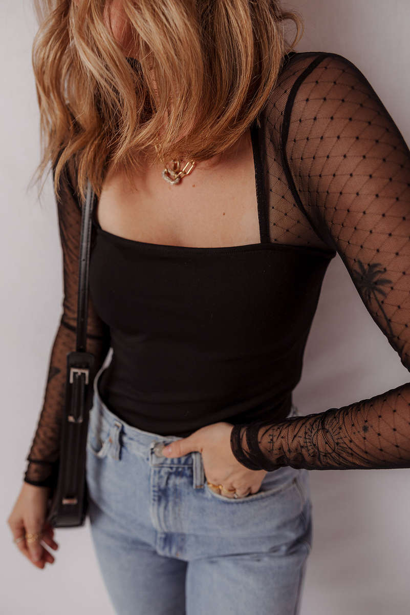 Black Polka Dot Mesh Long Sleeve Square Neck Bodysuit