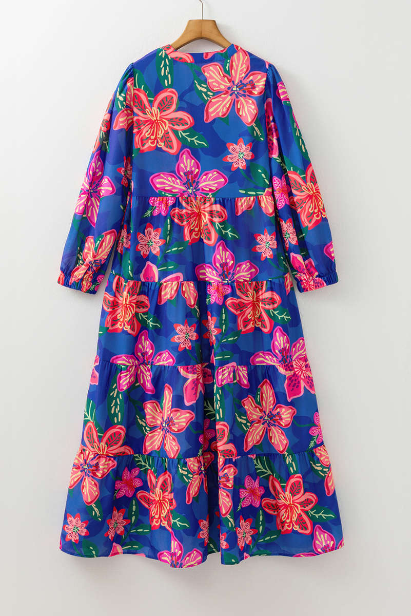 Blue Floral Print 3/4 Sleeve V Neck Tiered Long Dress