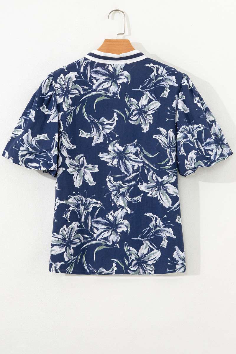 Blue Floral Print Short Puff Sleeve Striped Trim V Neck Blouse