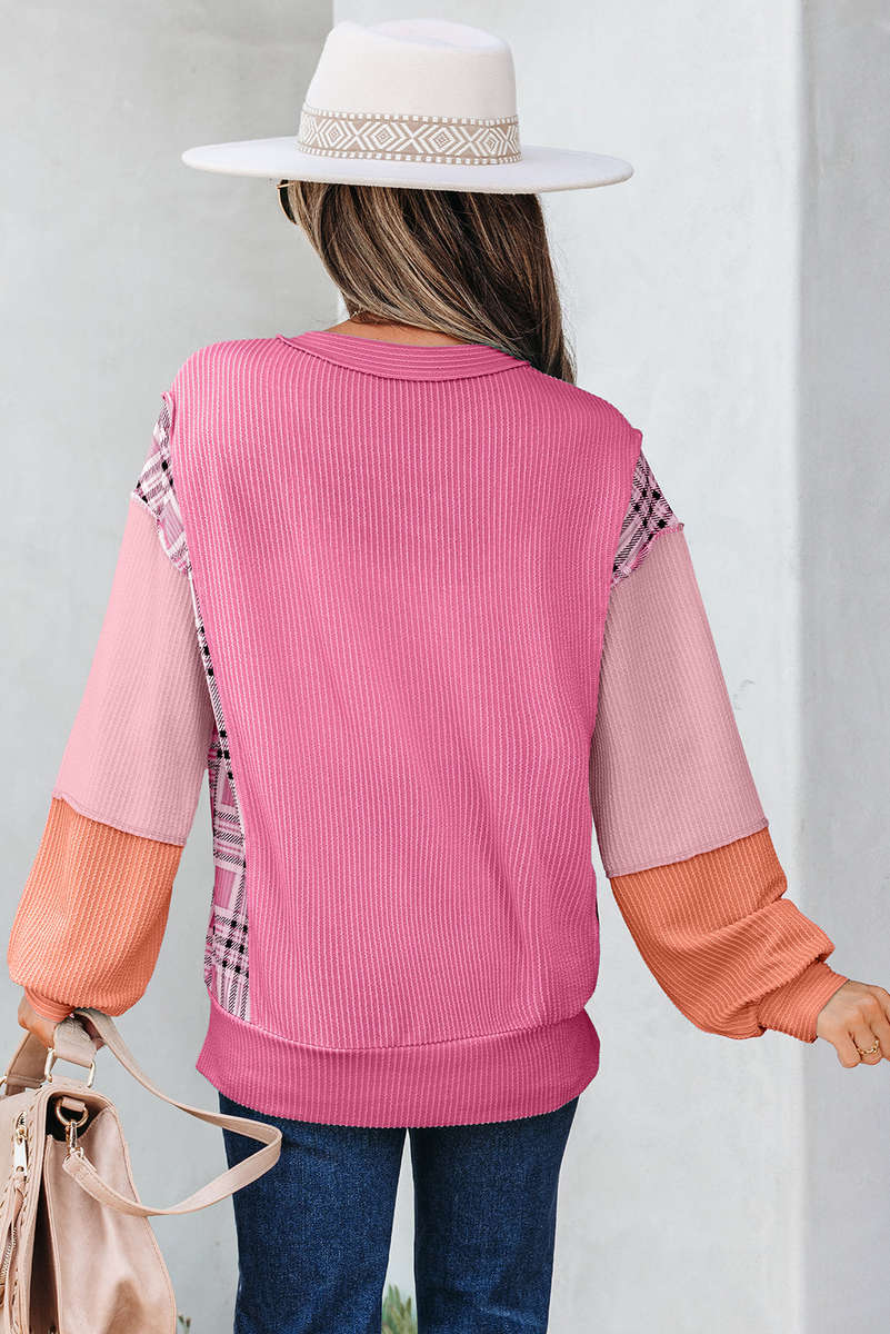 Rose Red Corded Texture Plaid Colorblock Patchwork Split Neck Long Sleeve Top