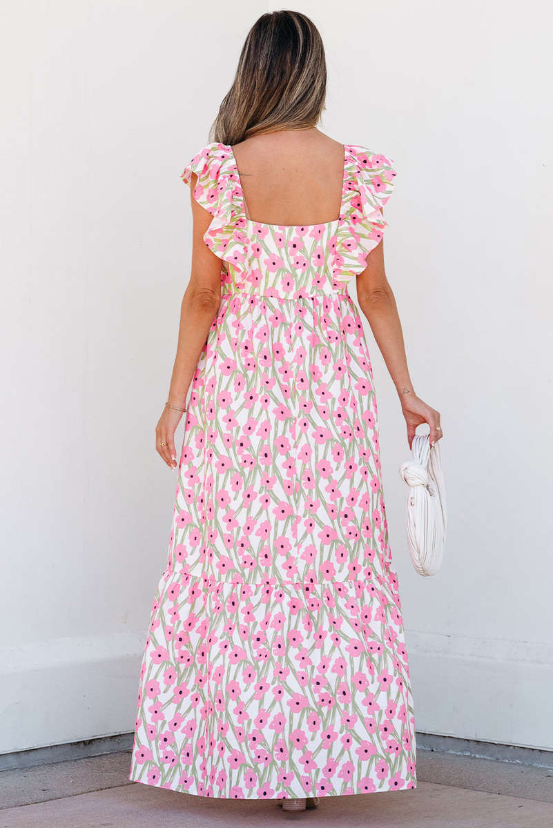 Pink Floral Print Square Neck Ruffled Strap Maxi Dress