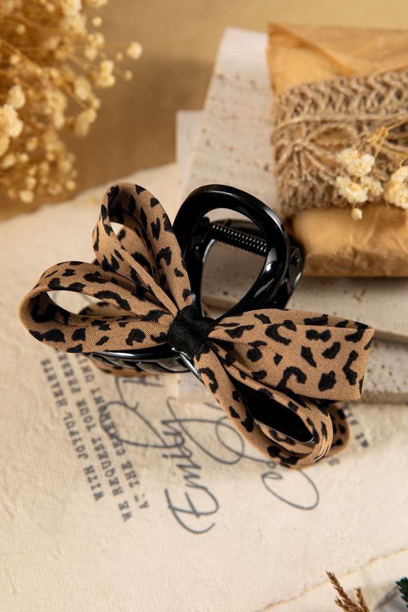 Chestnut Leopard Bow Applique Plastic Hair Claw Clip