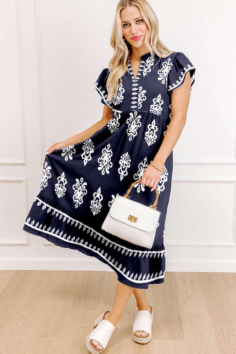 Blue Western Ethnic Print Notched Neck Short Sleeve Midi Dress