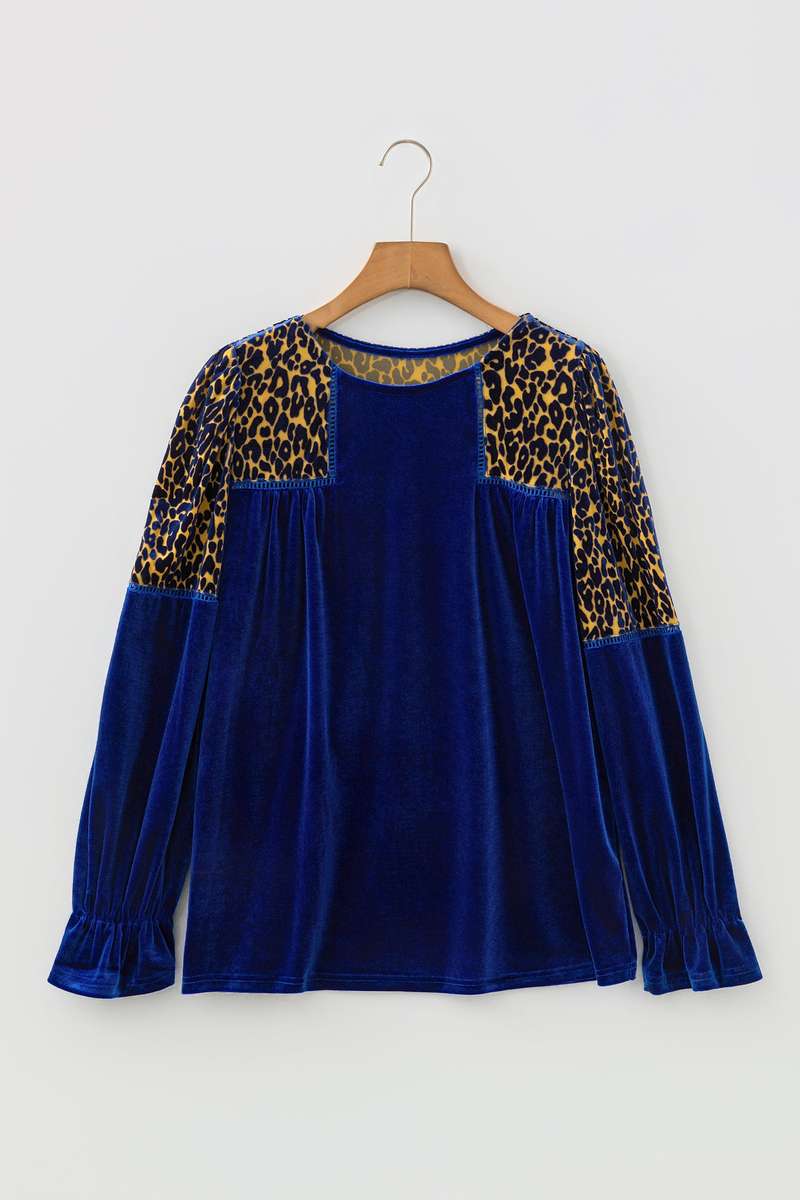 Sky Blue Leopard Patchwork Shoulder Flounce Sleeve Velvet Blouse
