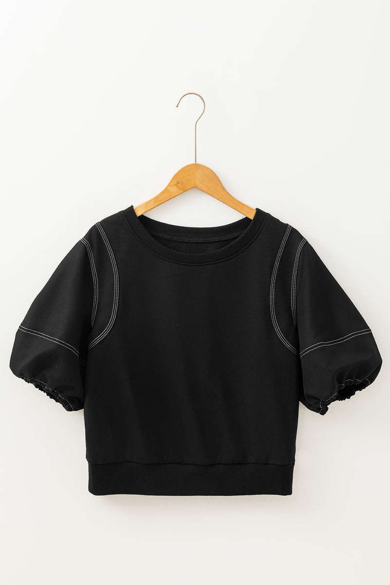 Black Contrast Stitches Detail Puffy Half Sleeve Blouse