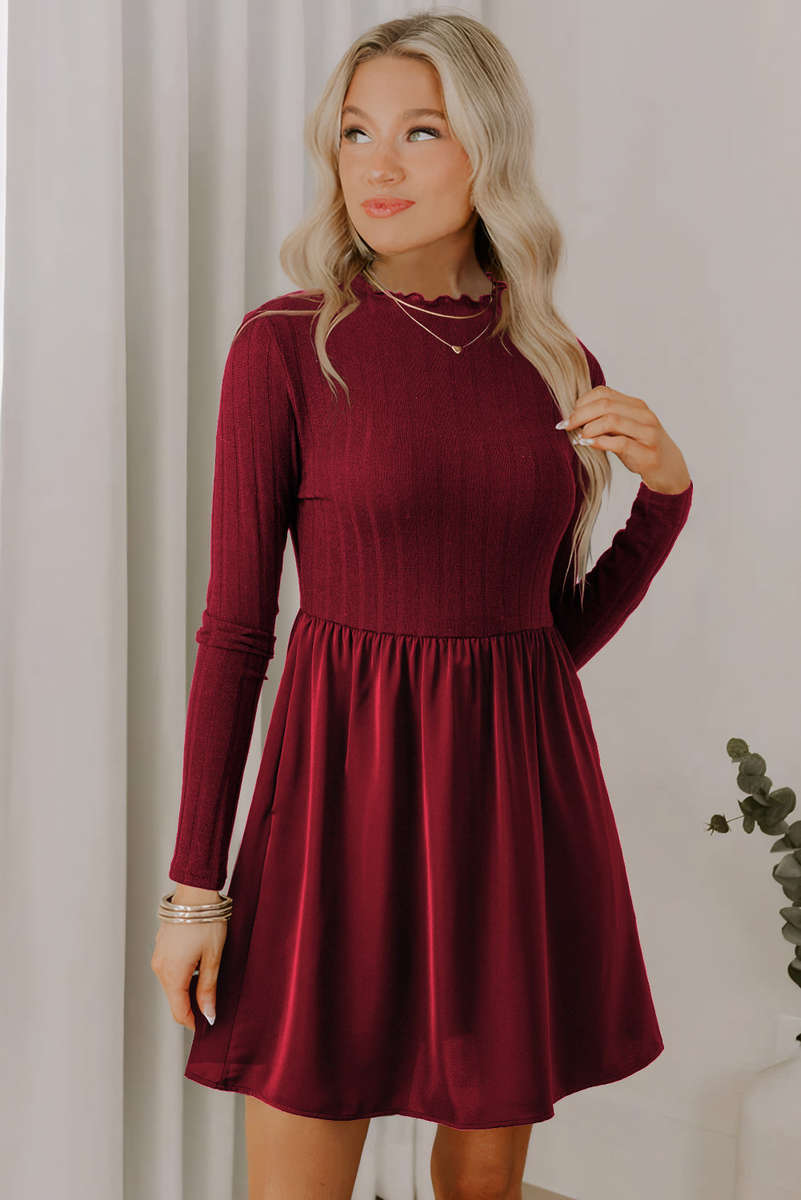Red Dahlia Frilled Neck Ribbed Knit Patchwork Long Sleeve Mini Dress