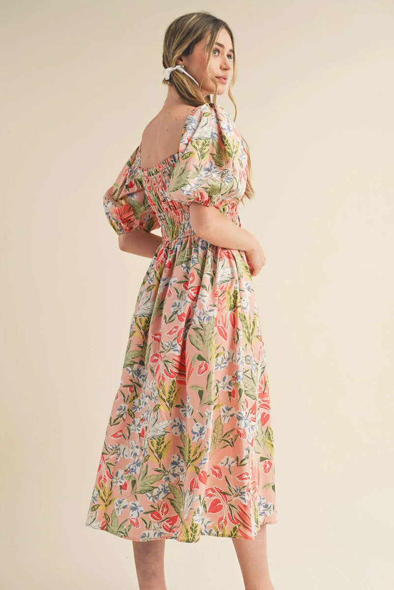 Apricot Pink Floral Smocked Bust Bubble Short Sleeve Maxi Dress