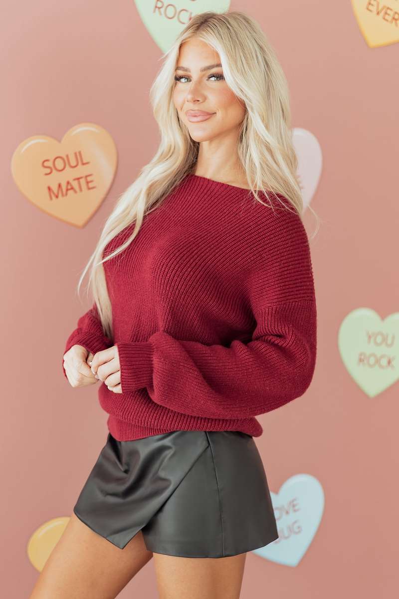 Red Dahlia Ribbed Knit Ribbon Knot Backless Drop Shoulder Sweater